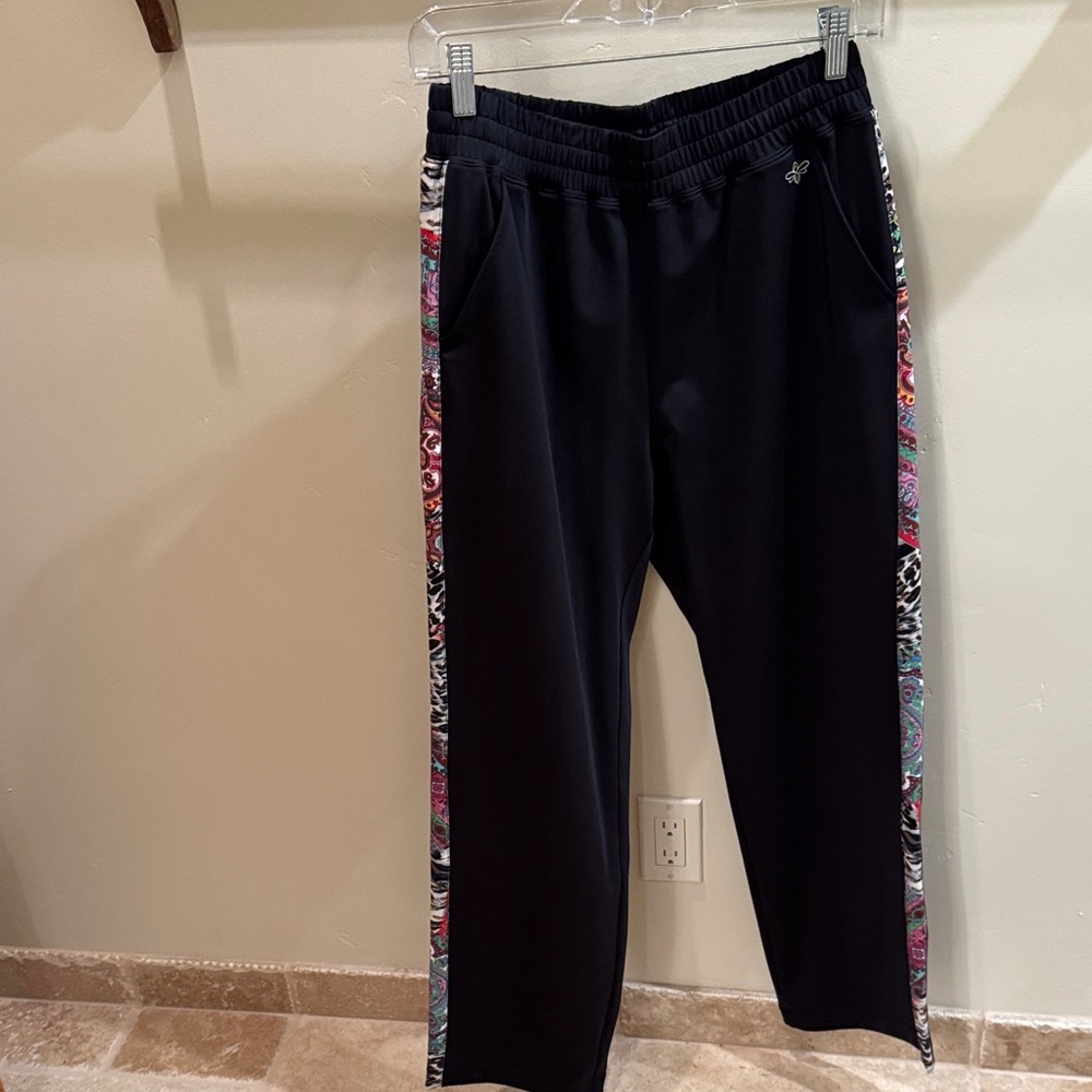 Johnny Was Black Track Pants with Colorful Side Stripes